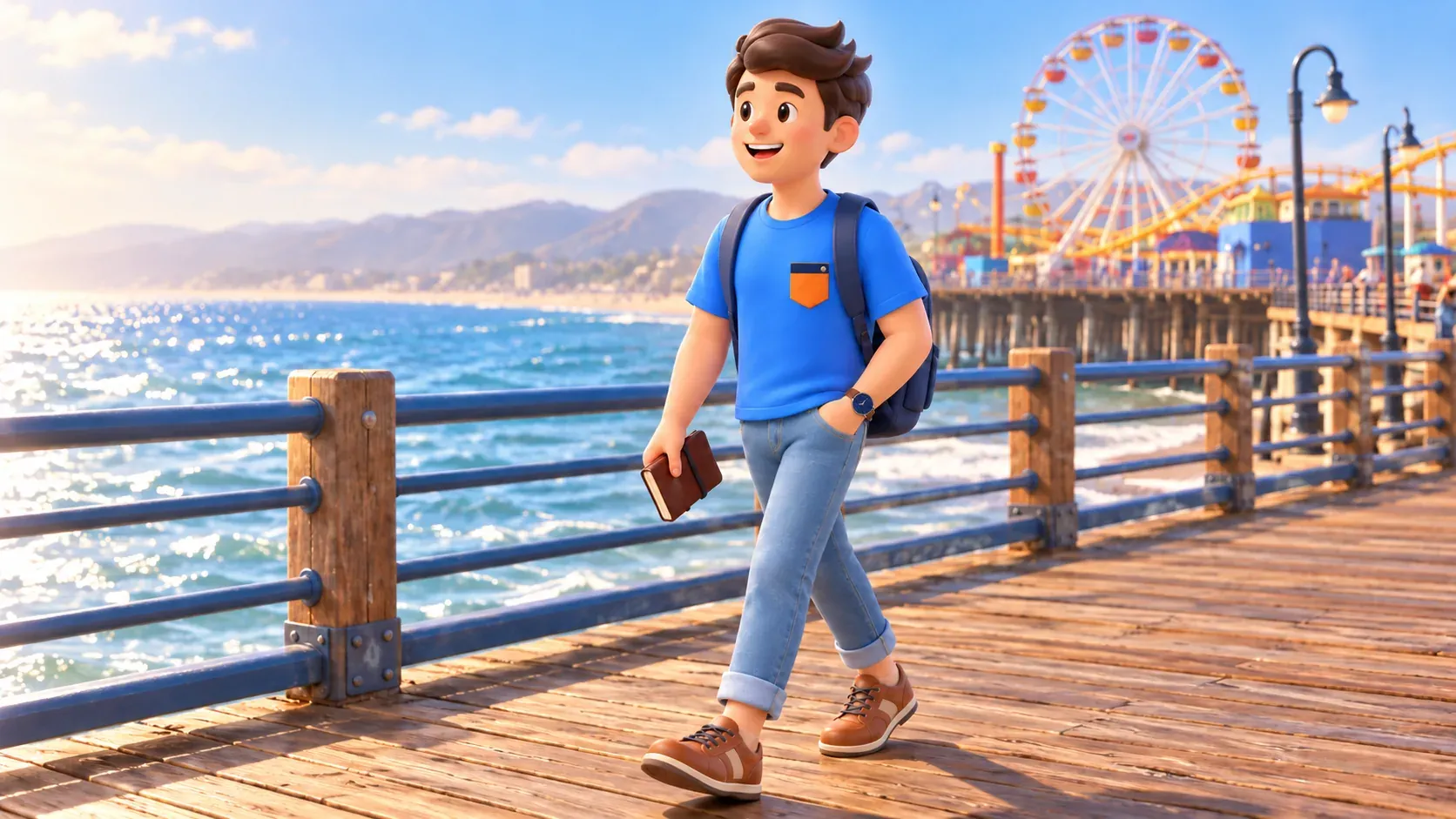 Traveler walking with a journal on a fictional ocean pier; illustration.
