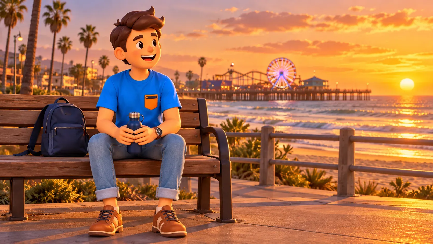 Traveler resting with a water bottle by a fictional ocean promenade; illustration.