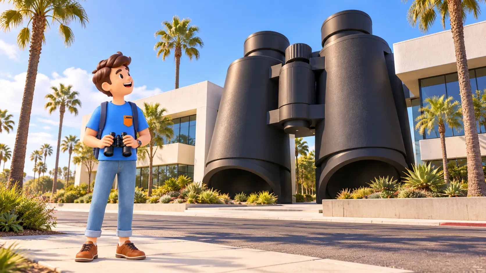 Traveler holding ordinary binoculars before a fictional giant-binocular office; illustration.