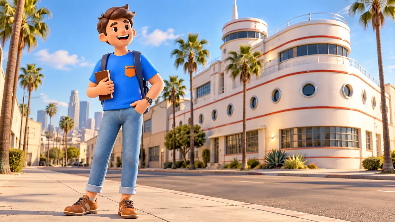 Traveler observing a fictional liner-like city building from a sidewalk; illustration.