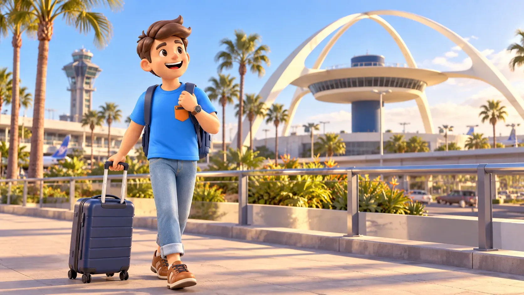 Passenger with suitcase on a fictional airport walkway, arches behind; illustration, not an LAX access diagram.