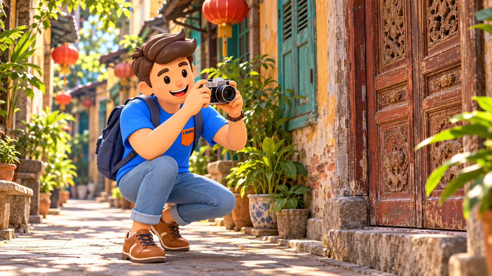 Un viajero fotografía una puerta tallada en una antigua callejuela ilustrada de Bangkok.