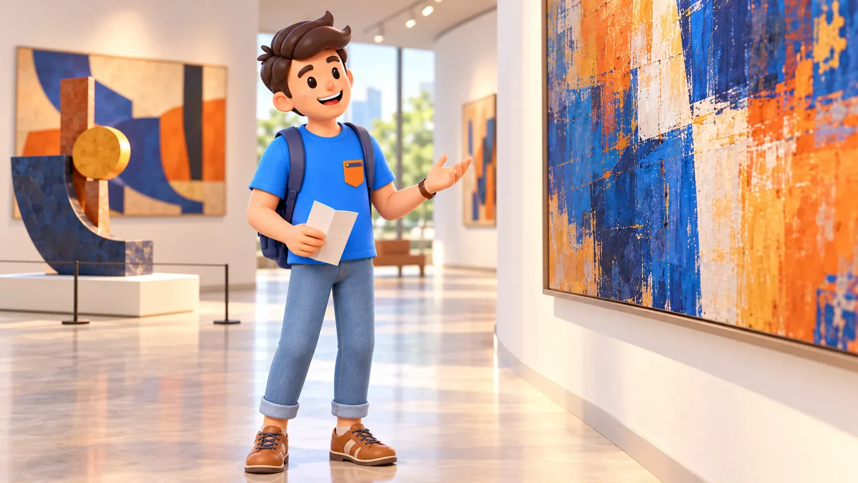 El viajero con un folleto de exposición observa arte abstracto en una galería ilustrada.