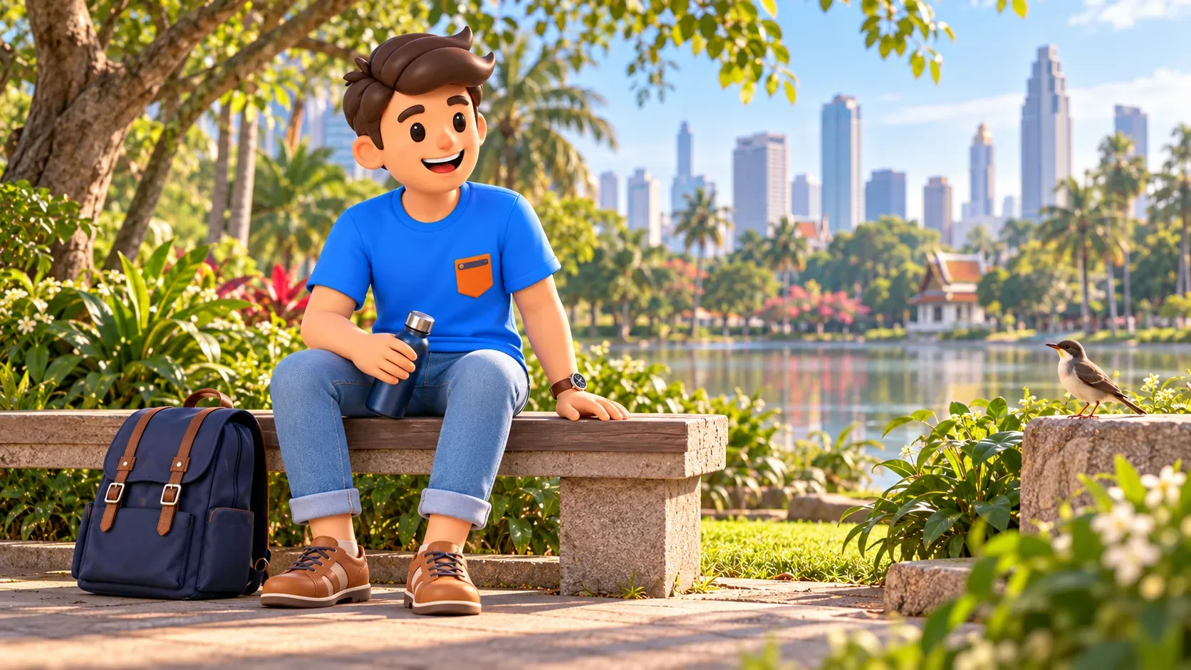 Un viajero descansa con una botella de agua junto a un lago en un parque tropical ilustrado de Bangkok.