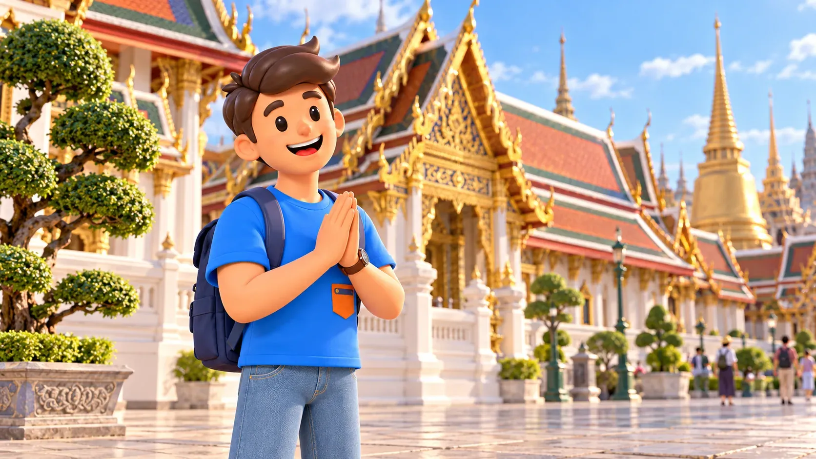 Der Reisende legt in einem illustrierten thailändischen Königshof die Hände zum Wai-Gruß zusammen.