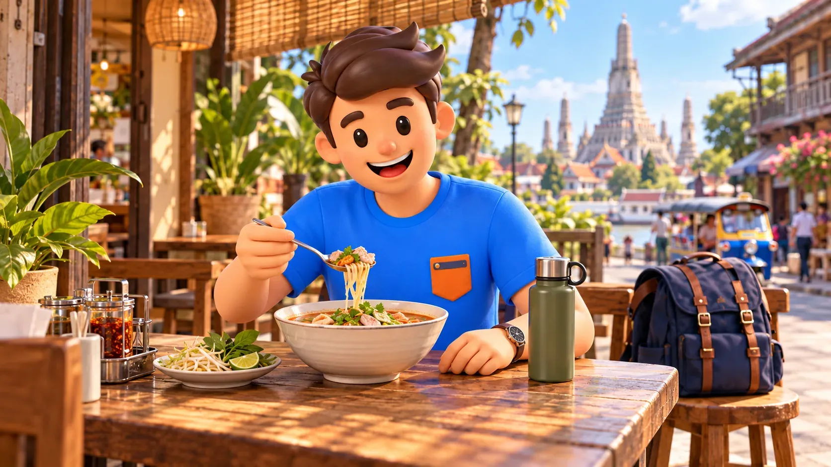 Ein Reisender isst Nudelsuppe in einem illustrierten Café der Altstadt Bangkoks; sein Rucksack steht daneben.