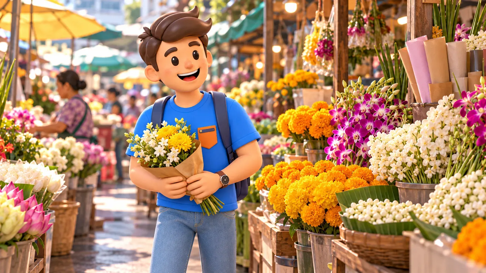 Der Reisende hält einen kleinen gelb-weißen Blumenstrauß auf einem illustrierten Blumenmarkt in Bangkok.