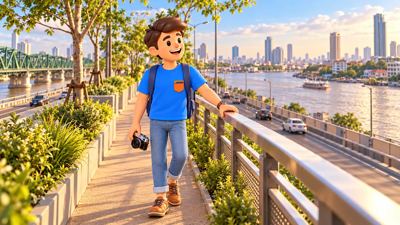 Ein Reisender mit Kamera steht auf einem begrünten Mittelweg zwischen den Fahrbahnen einer Brücke über den Chao Phraya.