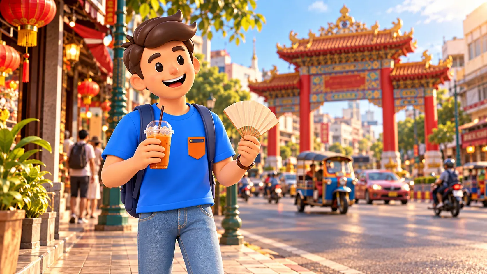 Un viajero con bebida y abanico en la acera junto a una puerta de Chinatown ilustrada.