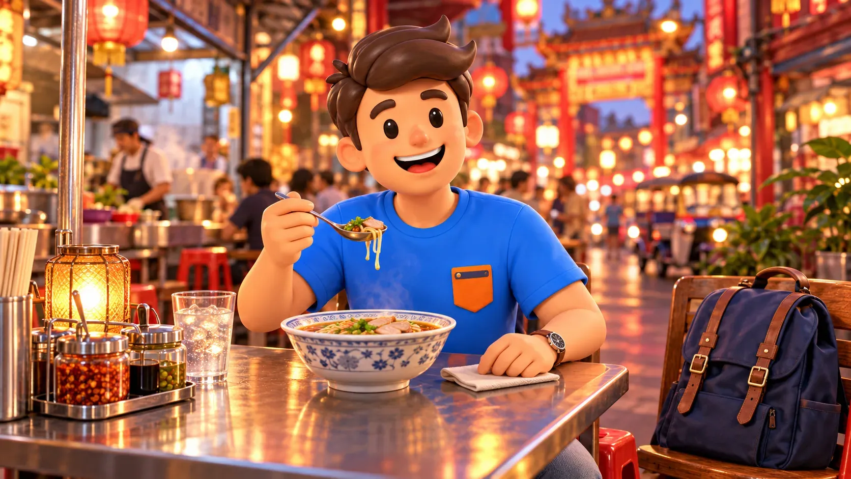 Un viajero disfruta una sopa de fideos en un restaurante ficticio de Chinatown al atardecer.