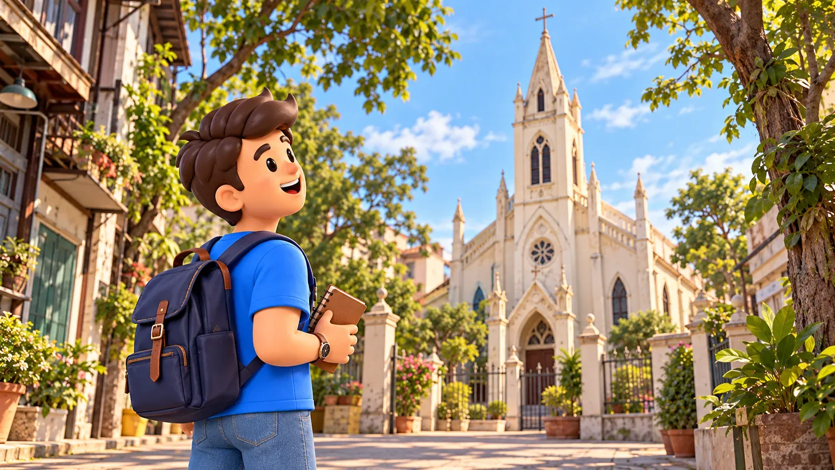 Un voyageur regarde une façade illustrée inspirée de l’église du Saint-Rosaire.
