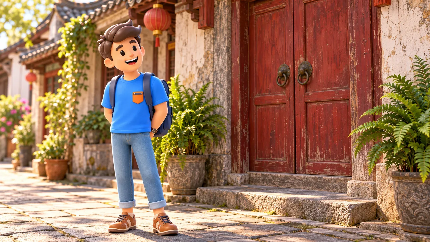Un voyageur près de la porte fermée d’une ancienne maison chinoise illustrée.