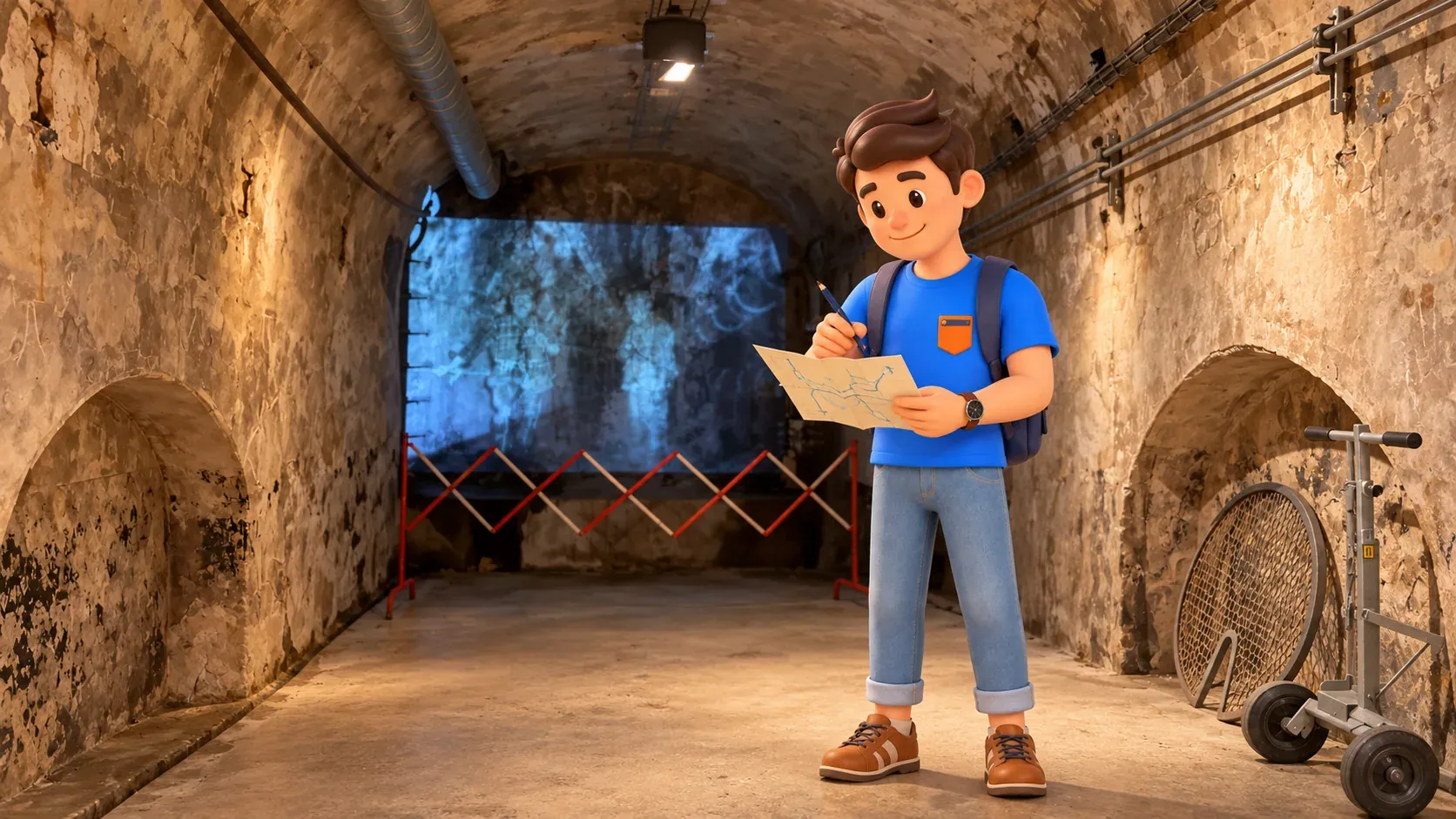 Le voyageur RoadMe étudie son schéma de l’eau dans une galerie voûtée du musée des Égouts