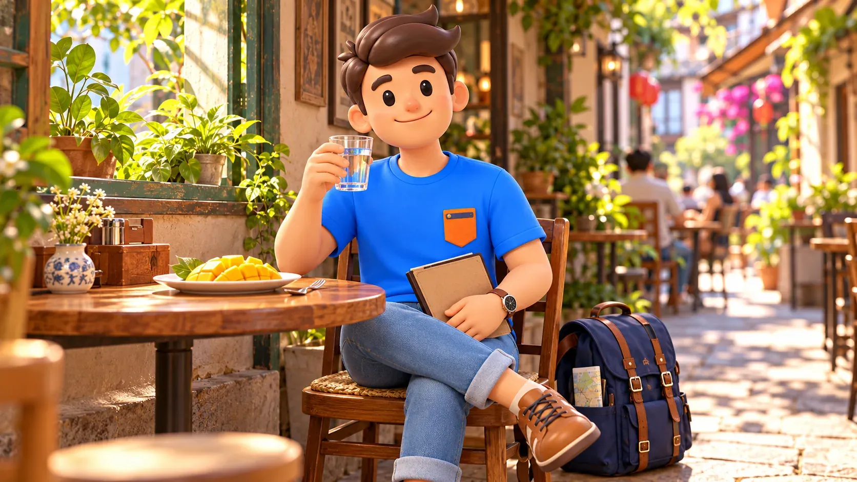 Un voyageur se repose avec un verre d’eau dans un café fictif près d’une ruelle.