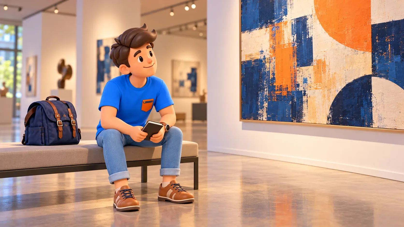 Un viajero sentado en un banco contempla una pintura abstracta imaginaria.