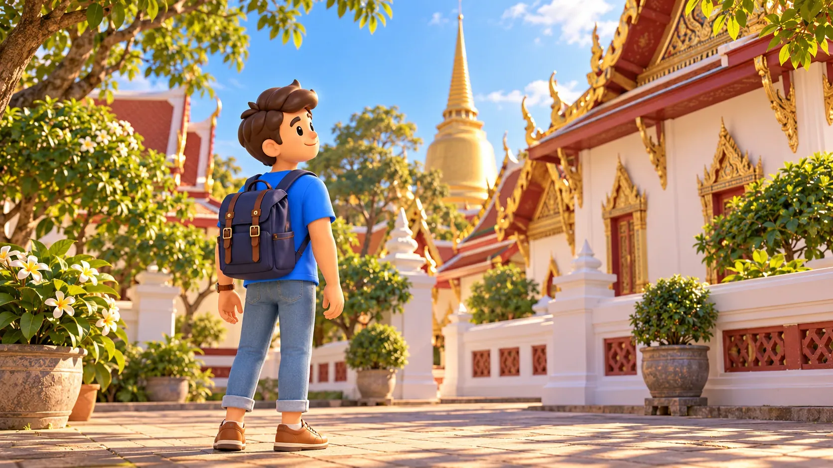 Reisender bei einem thailändischen Kloster in Banglamphu, Illustration