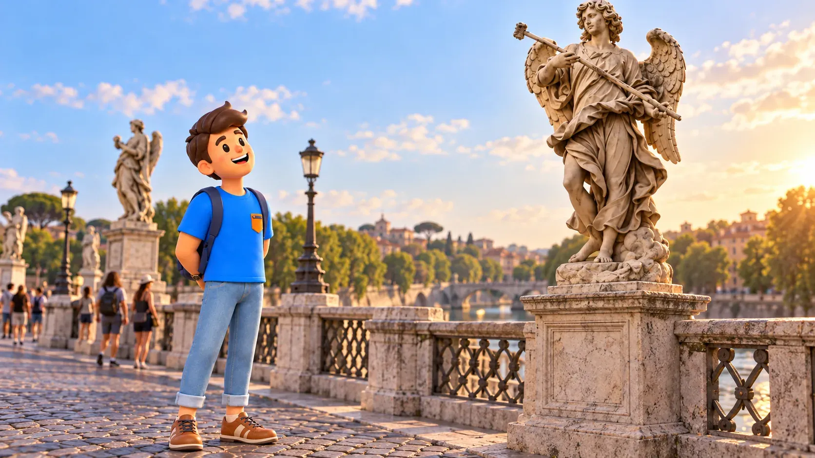 A traveller studies an angel sculpture on Sant’Angelo Bridge