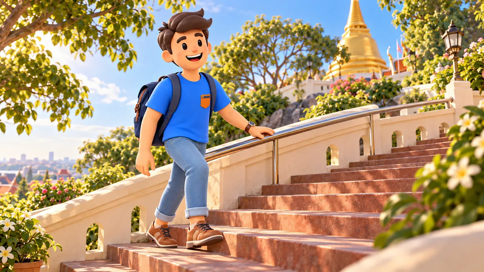 Traveller ascending stairs towards a golden chedi, illustration