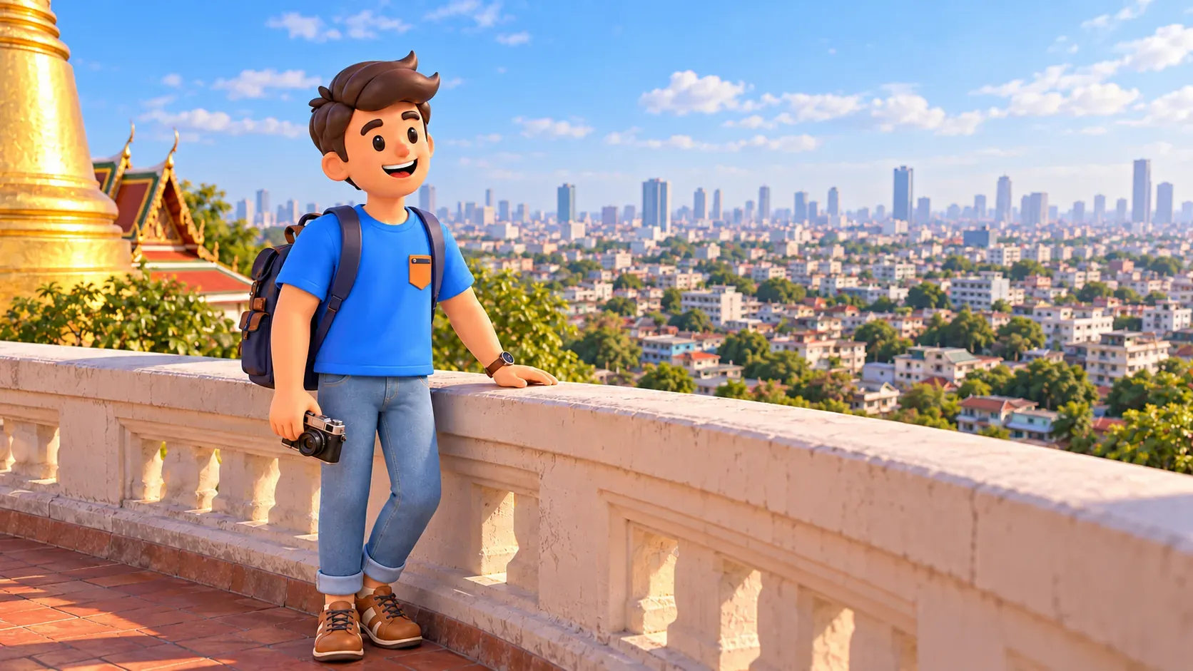 Traveller looking over city rooftops from an elevated terrace, illustration