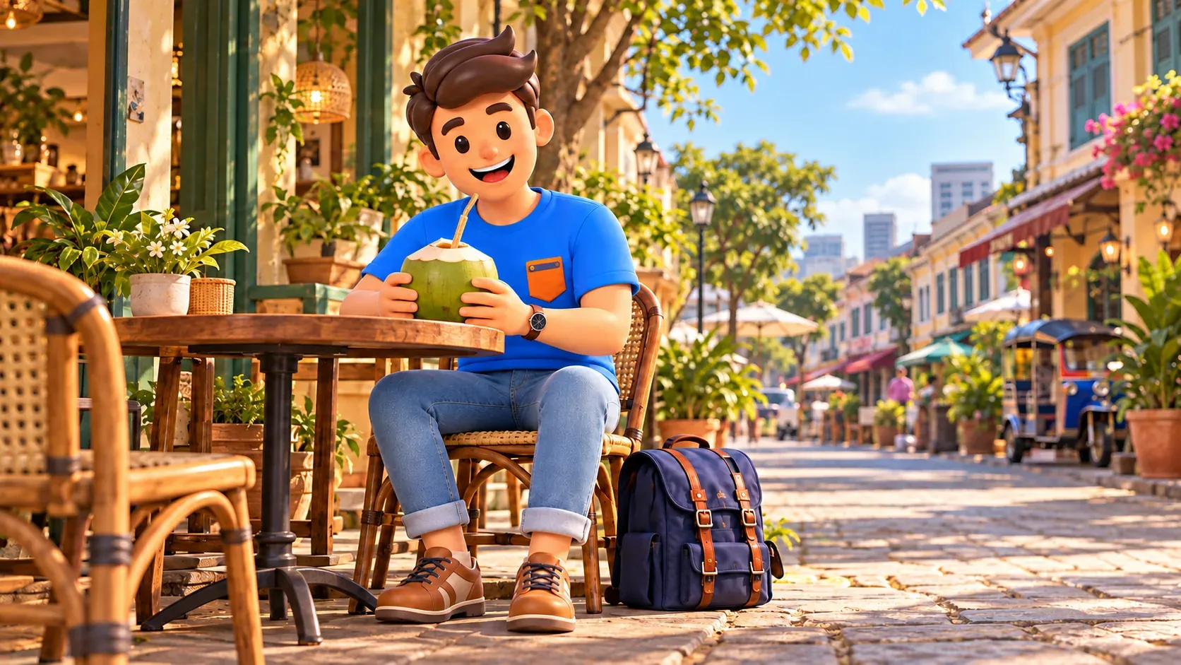 Traveller taking a coconut drink break on a Bangkok street, illustration