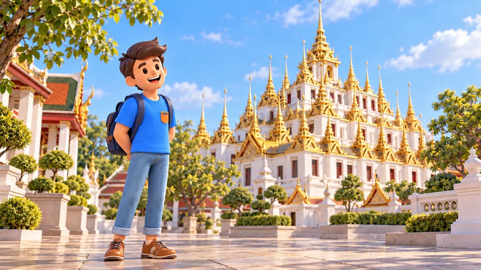 Traveller observing the tiers and golden spires of Loha Prasat, illustration