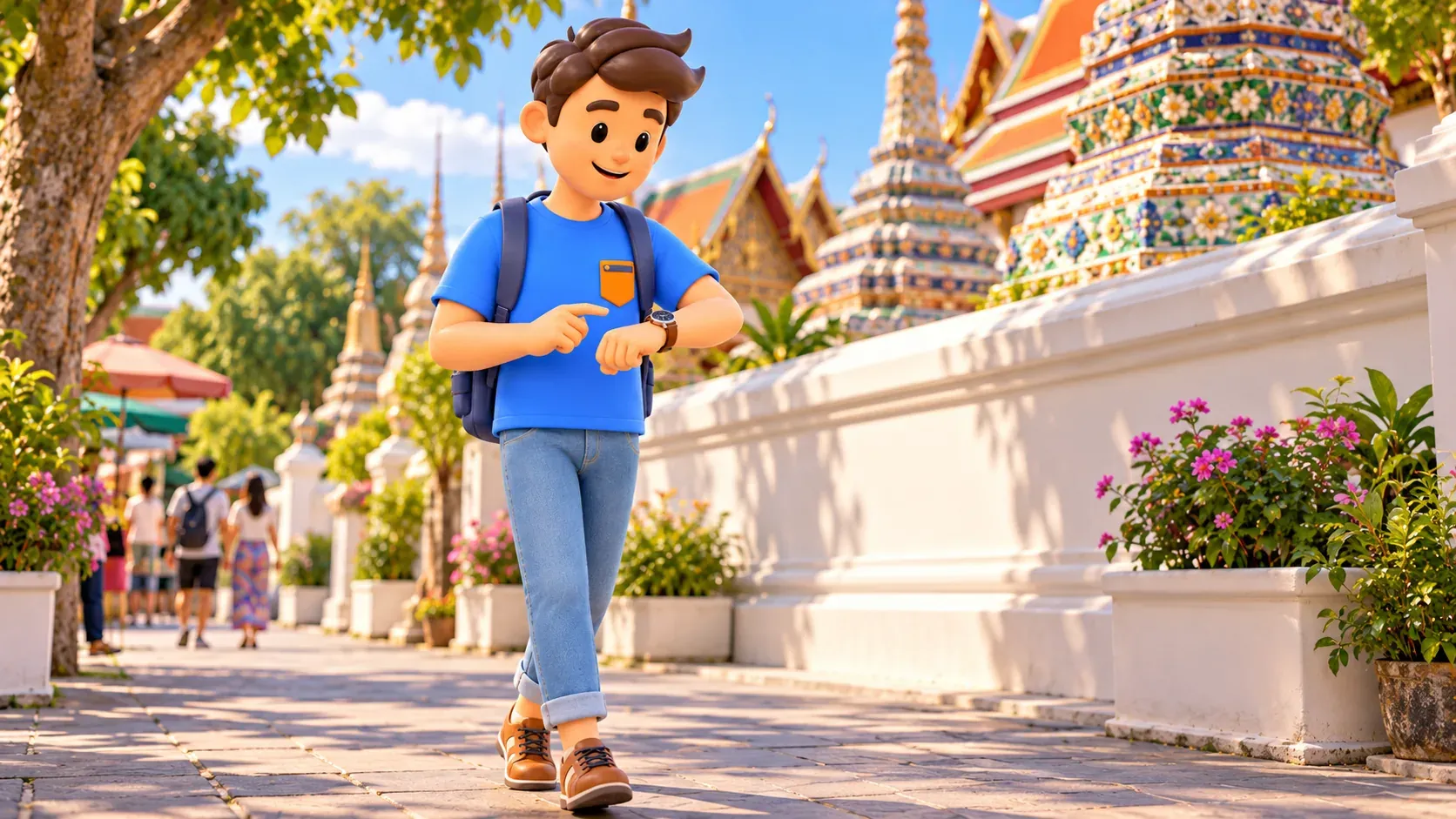 Reisender schaut nach Wat Pho auf seine Uhr, Illustration