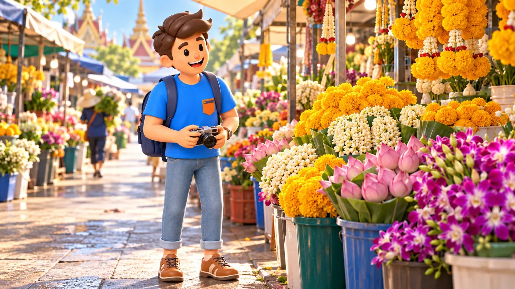 Reisender betrachtet Blumen in Pak Khlong Talat, Illustration
