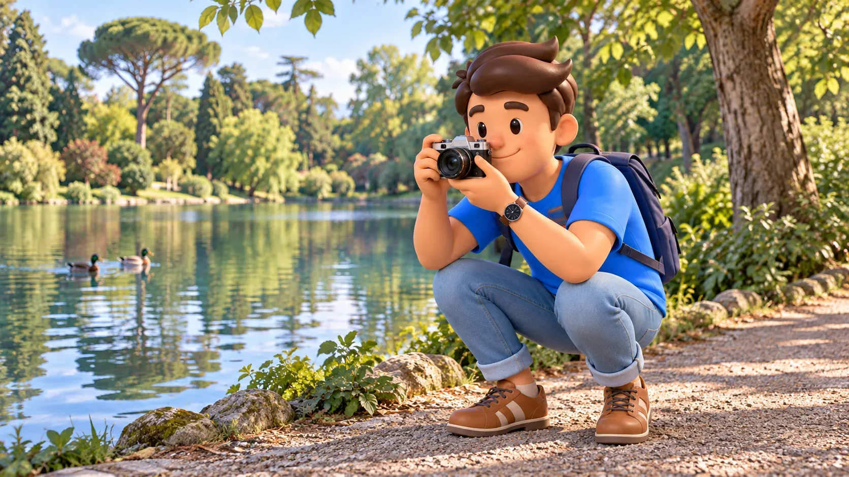A traveller photographs reflections in a park lake
