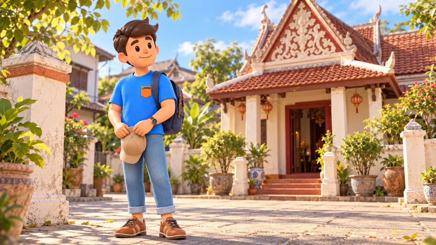 Voyageur tenant une casquette près d’un petit temple sino-thaï, illustration