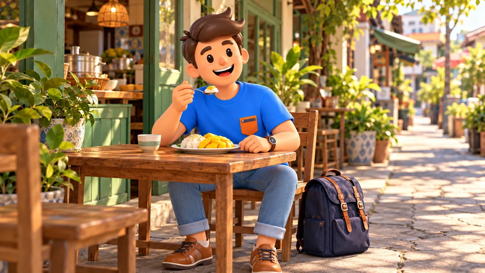 Voyageur goûtant du riz gluant à la mangue pendant une pause, illustration
