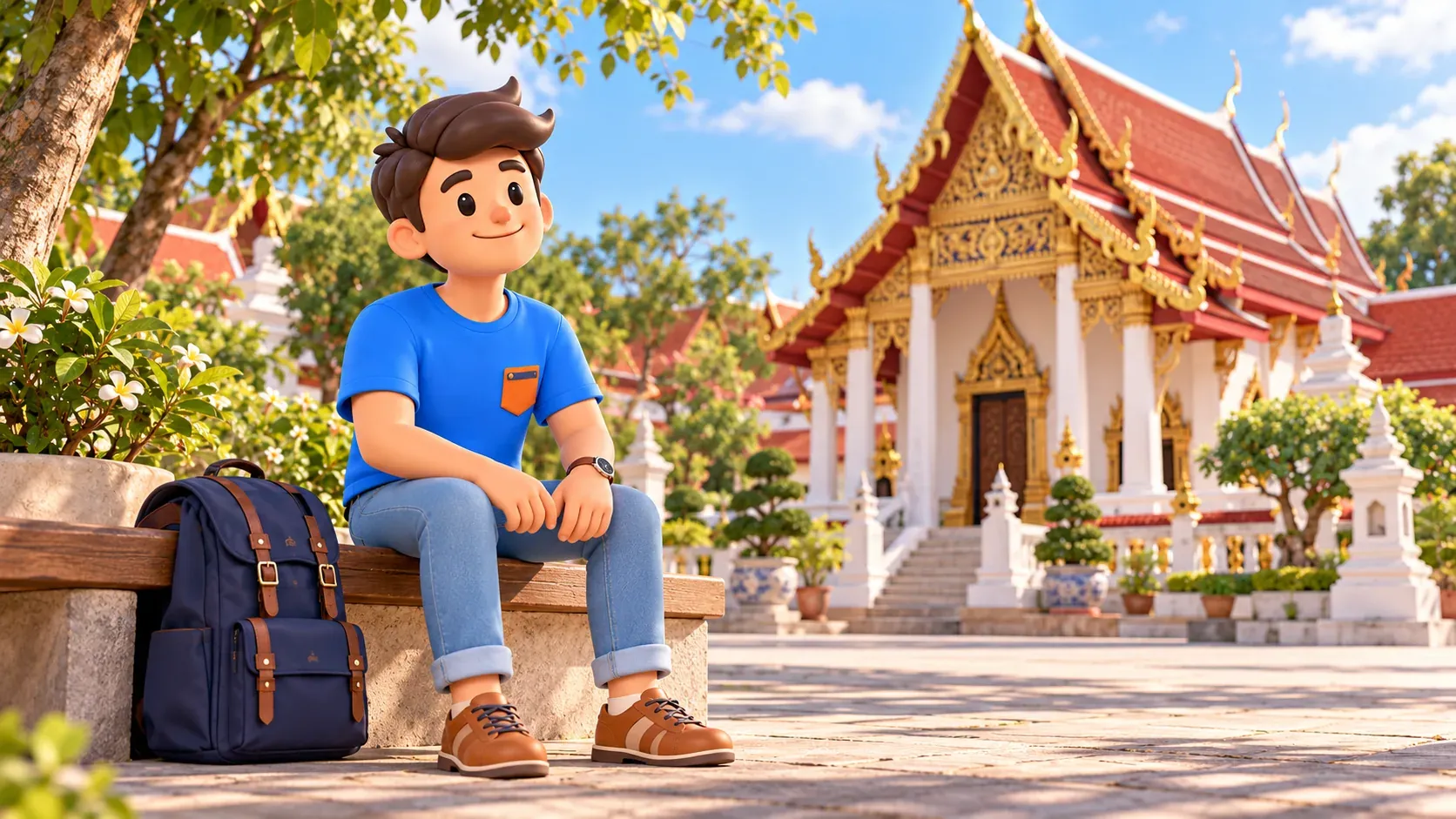 Voyageur se reposant près d’un temple thaï traditionnel, illustration
