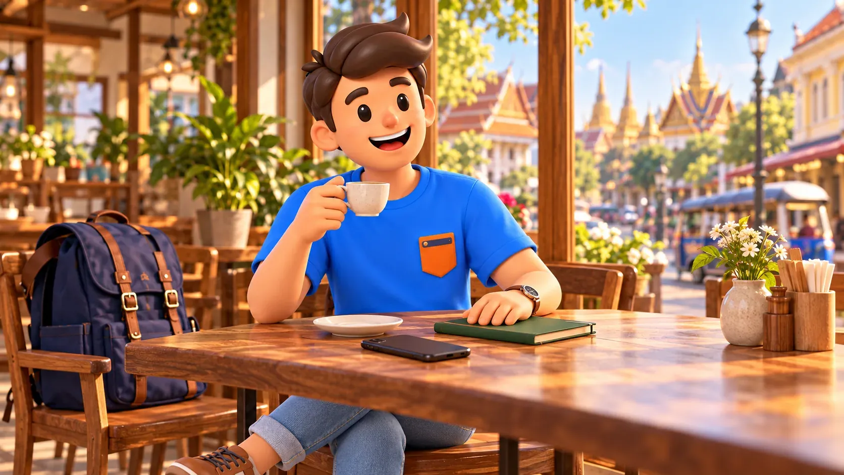 Voyageur avec une tasse à une table de café, carnet et sac à dos à côté