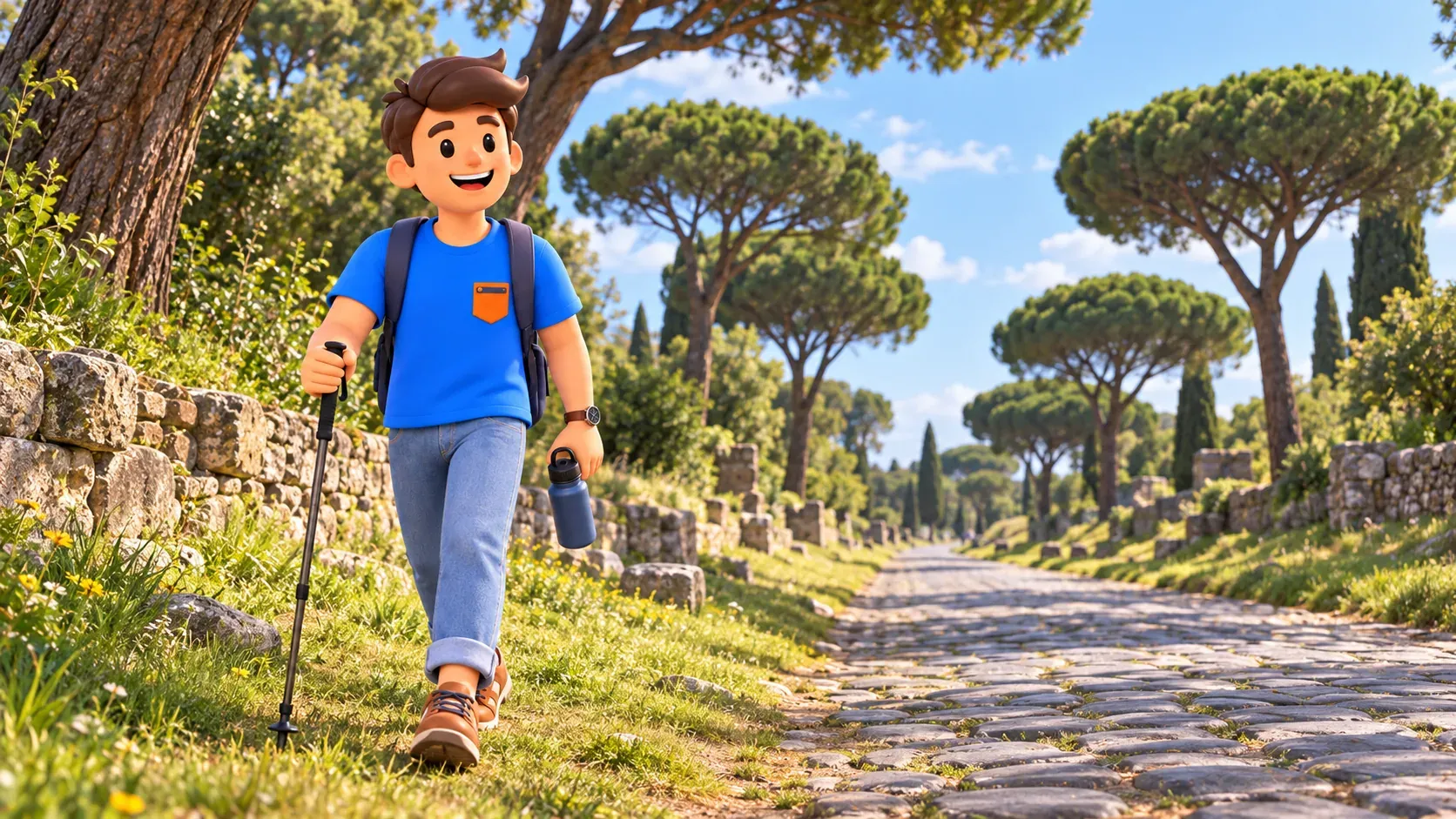 A traveller with a walking pole and water follows the Appian Way