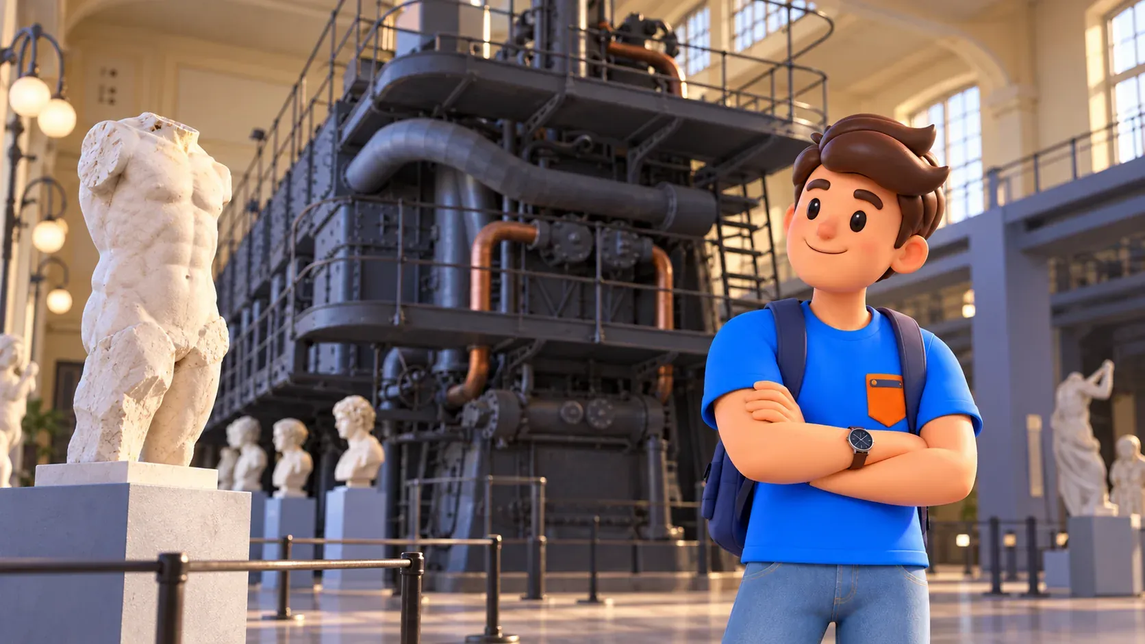 A traveller views ancient sculptures and machinery at Montemartini
