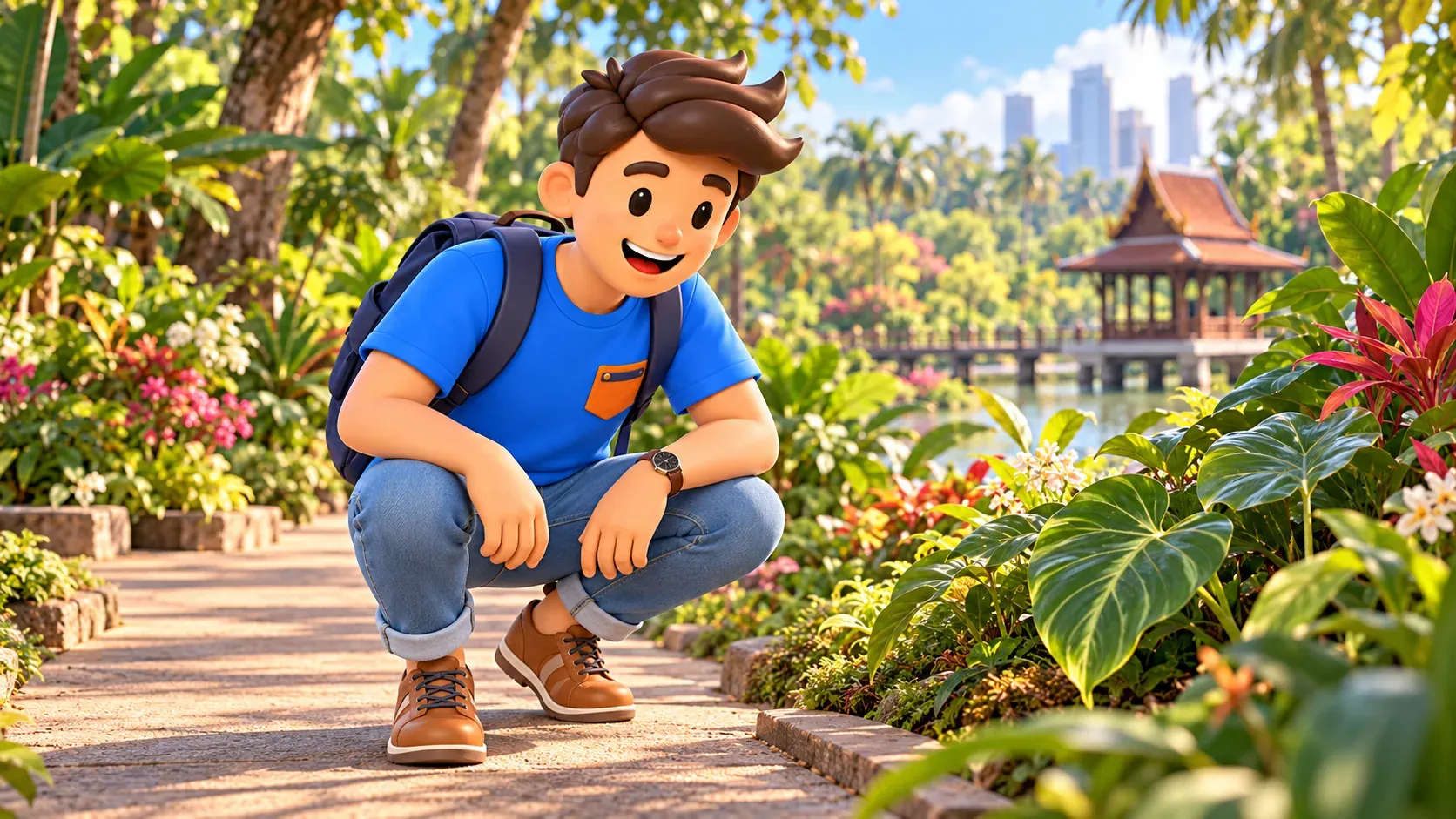Traveller observing leaves beside a garden path without touching plants