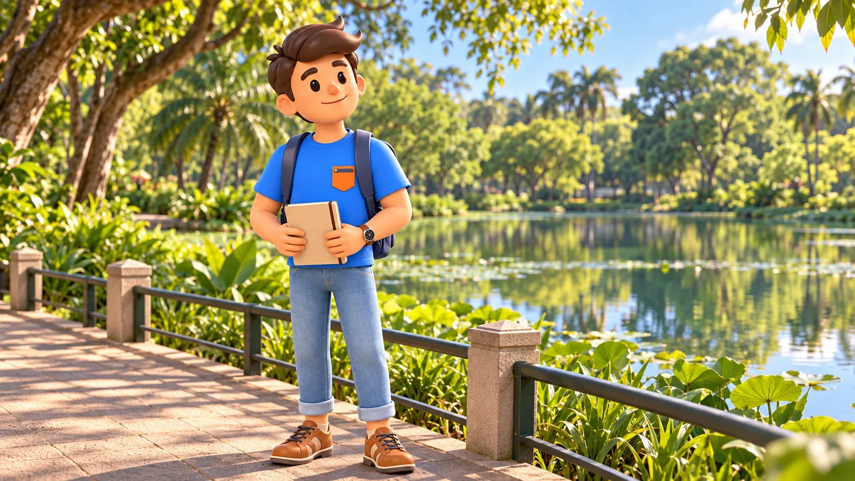 Traveller holding a closed notebook on a path beside a green pond