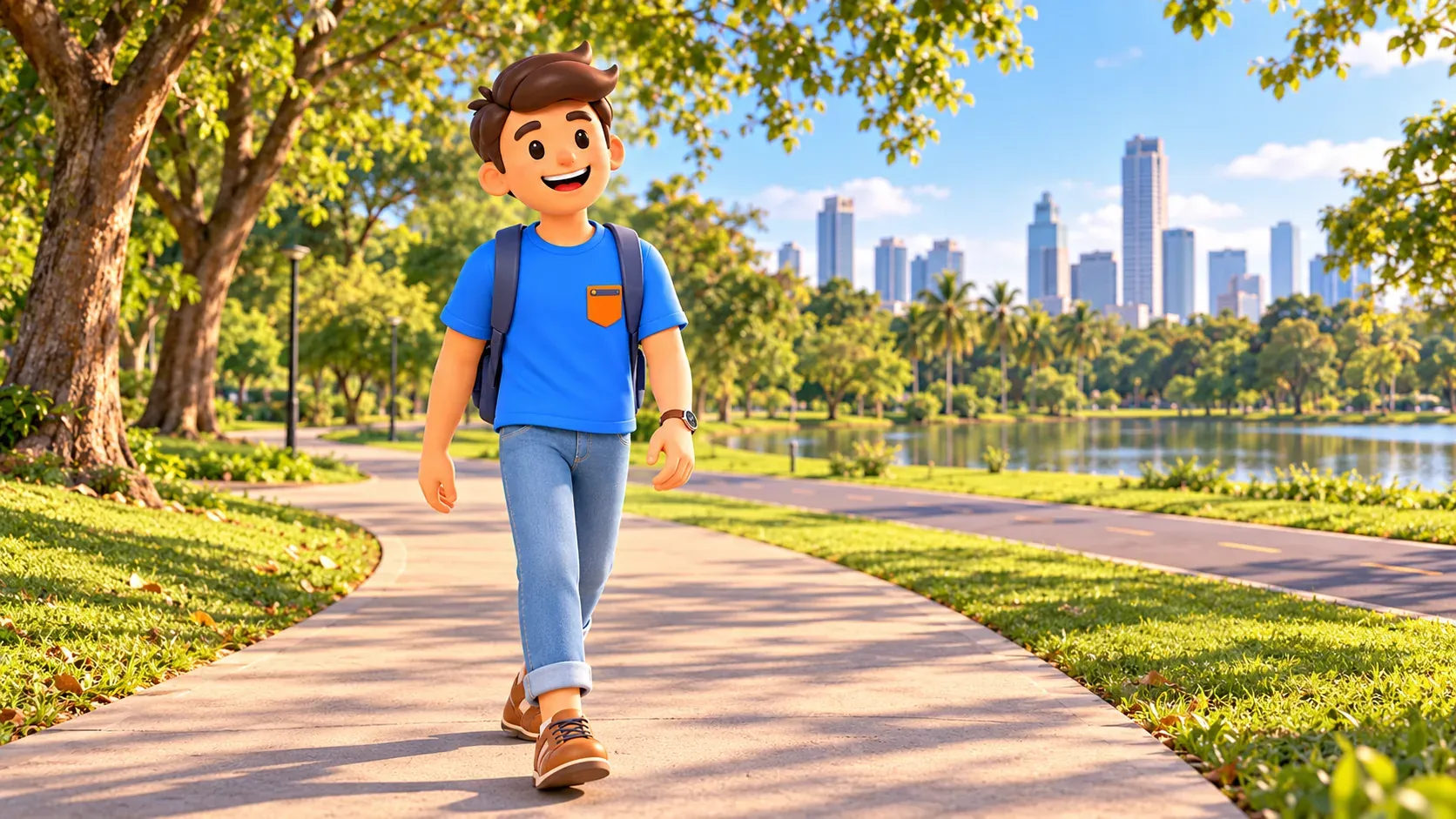 Traveller walking on a broad park path among trees and lawns