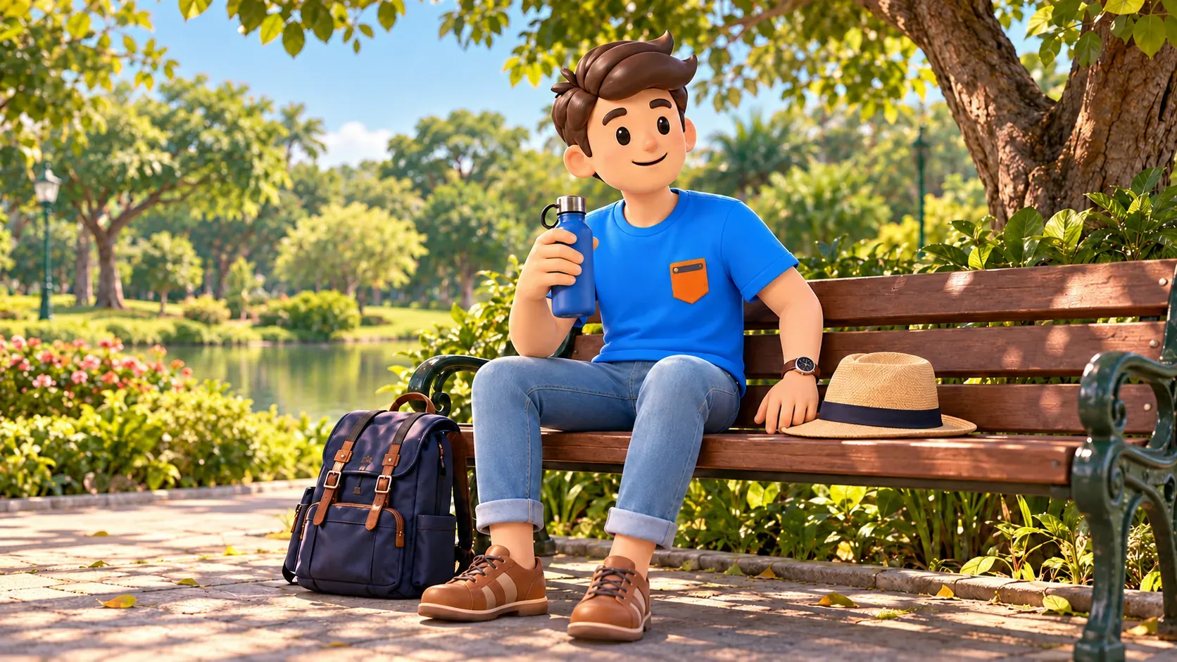 Traveller with a water bottle resting on a bench beside a pond