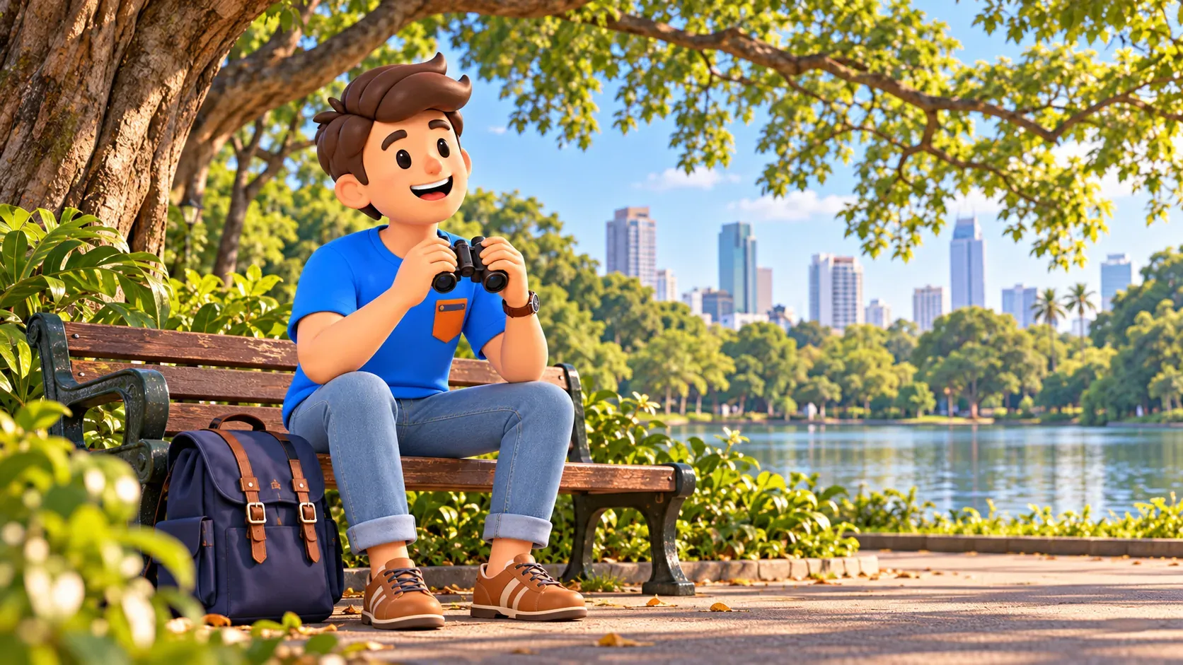 Traveller holding binoculars while resting beneath a large tree beside water