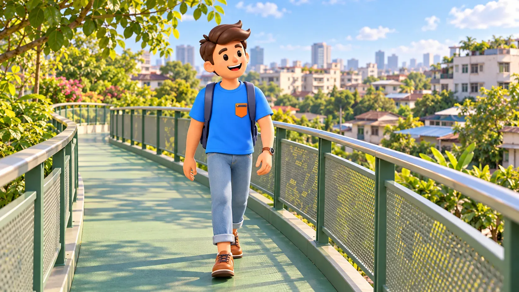 Traveller walking on a green elevated pedestrian connector above an urban neighbourhood