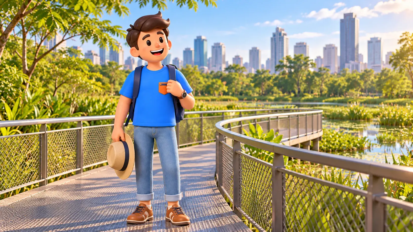 Traveller holding a hat on a boardwalk among water and park planting