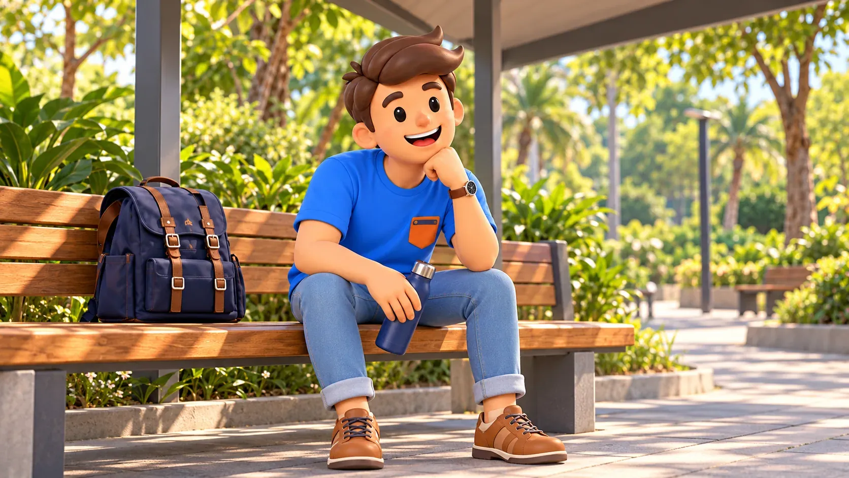 Traveller with a water bottle resting beneath a shade canopy beside his backpack