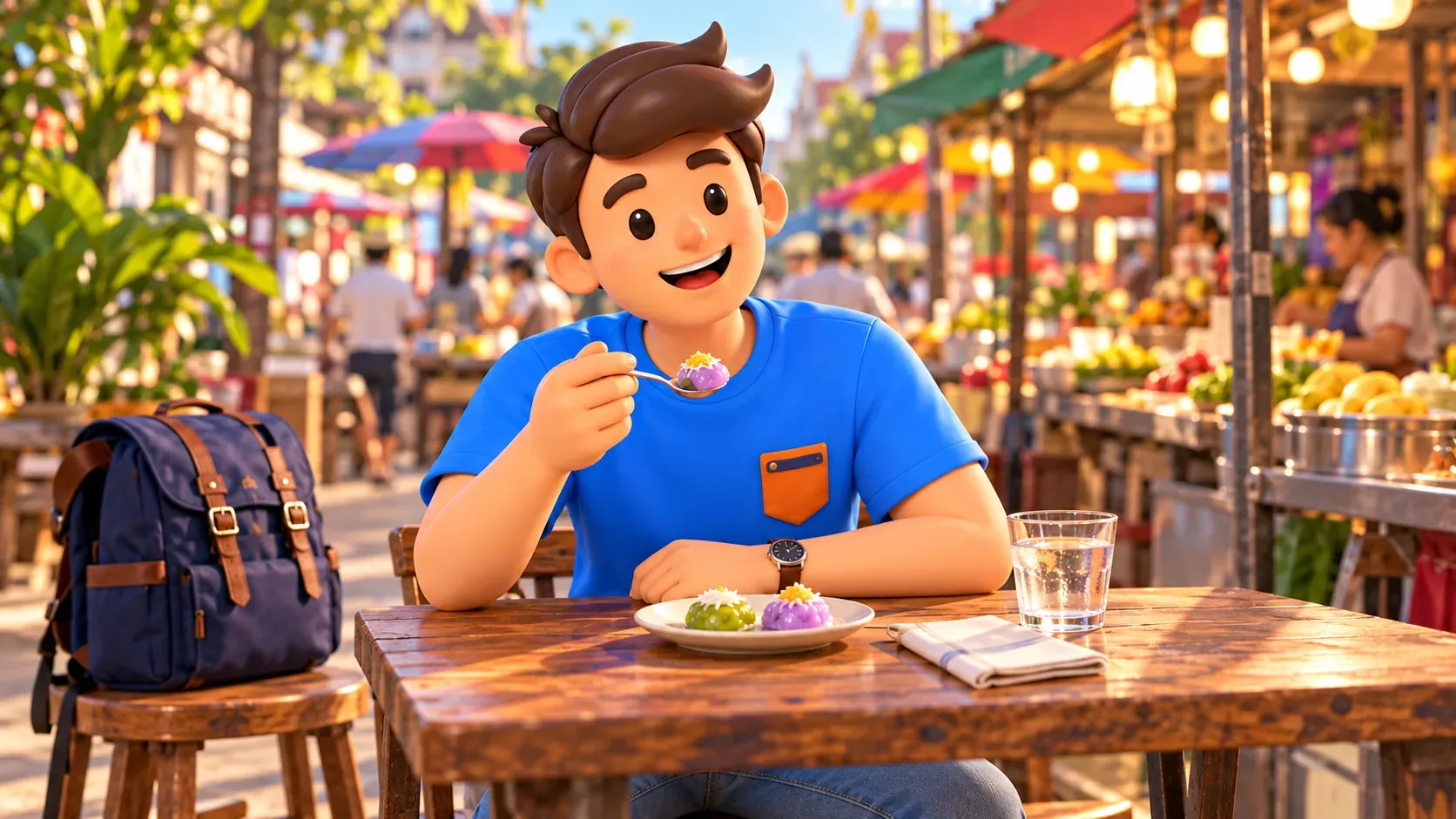 Viajero probando un dulce pequeño en una mesa del mercado