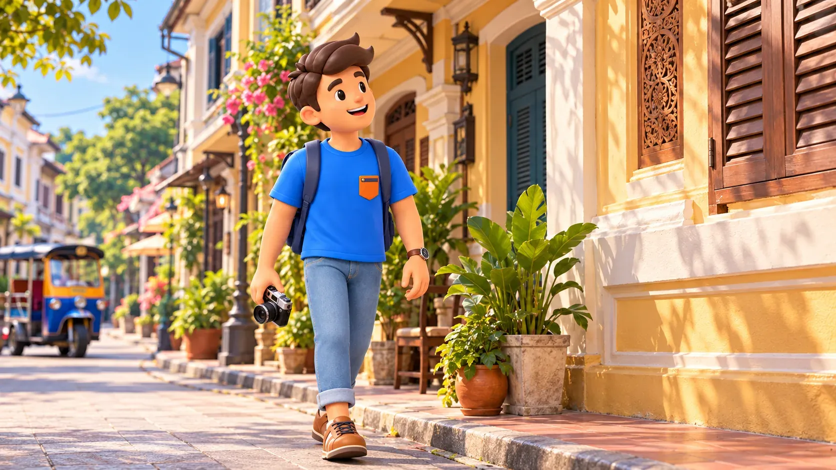 Viajero con la cámara bajada mirando fachadas de una calle antigua