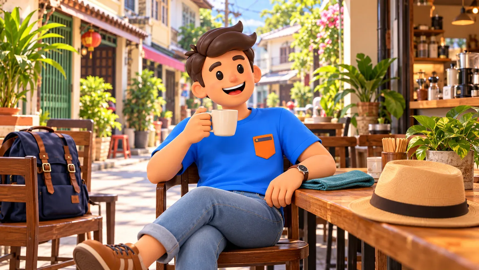 Reisender mit einer Tasse bei einer Cafépause