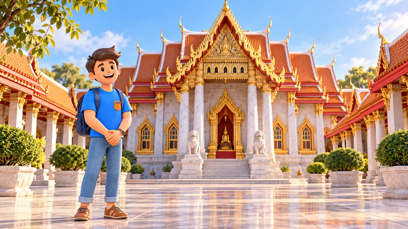 Voyageur dans une cour de temple à la façade de marbre