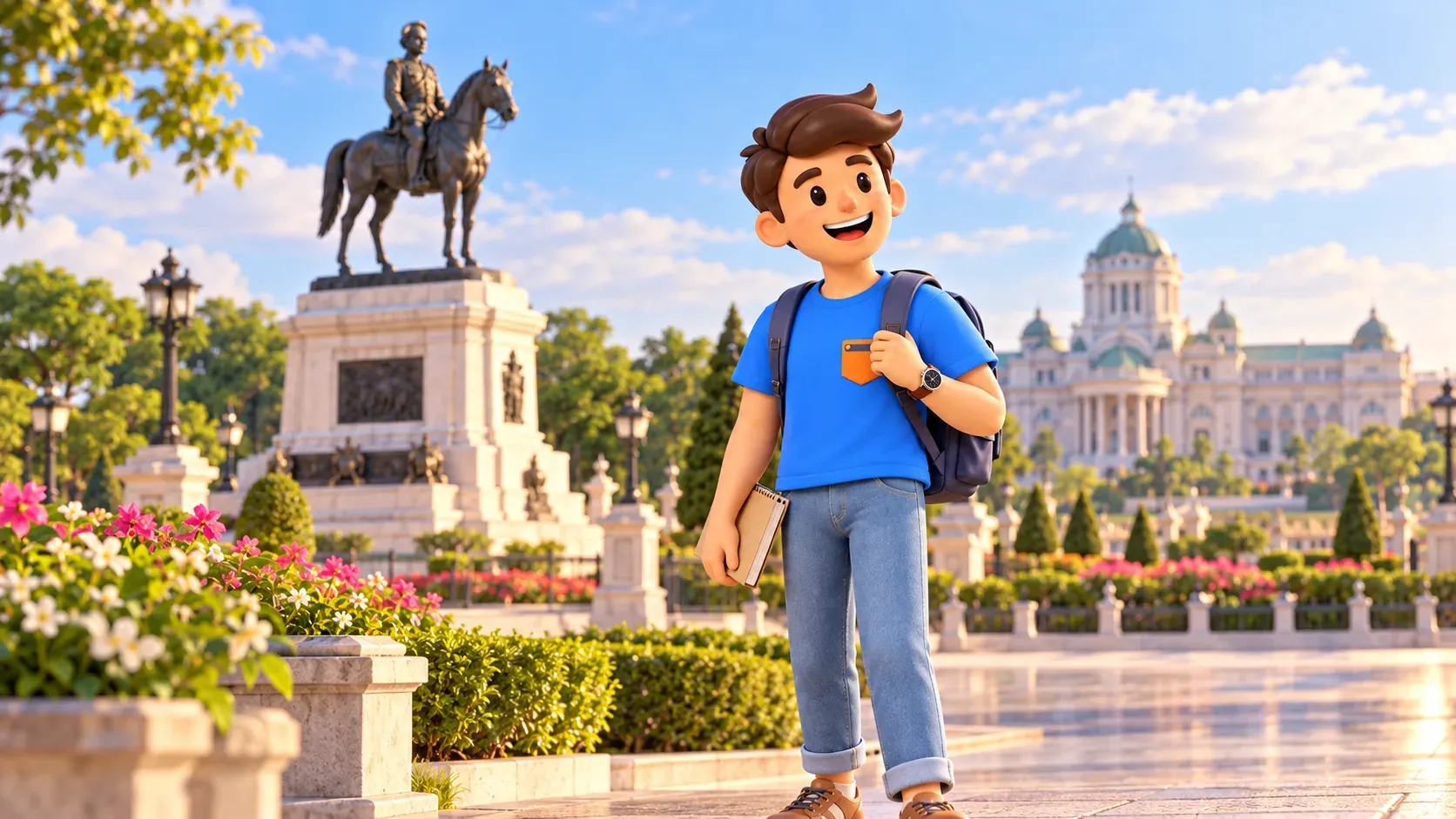 Voyageur avec un carnet devant un monument équestre