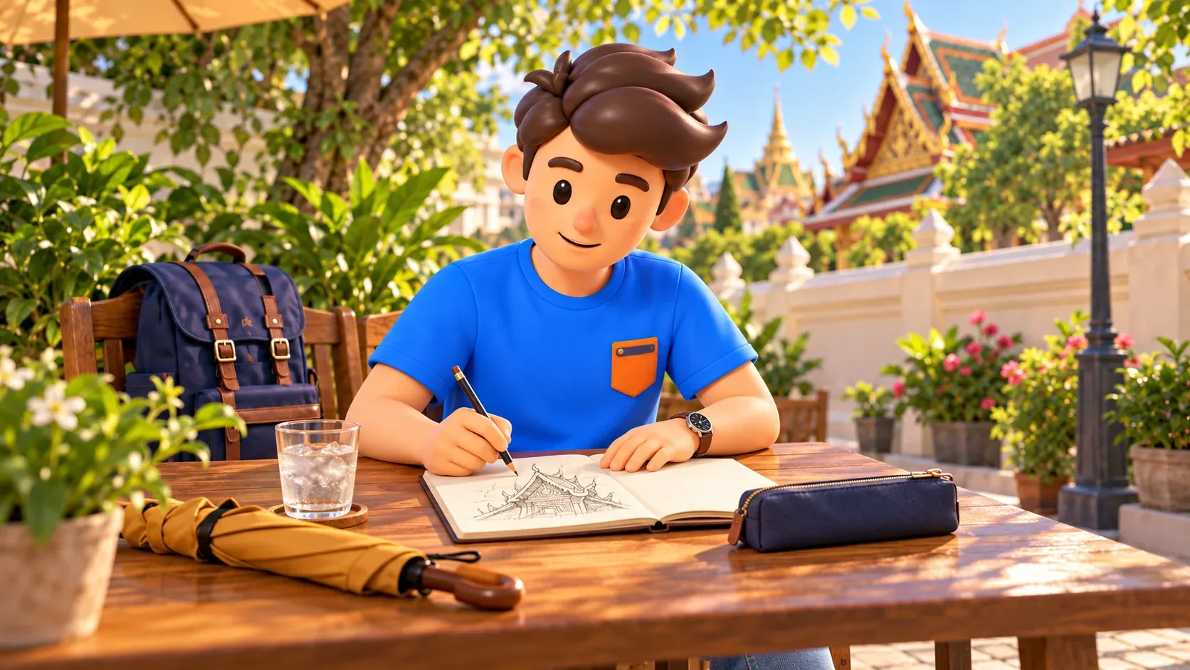 Voyageur dessinant un toit de temple pendant une pause