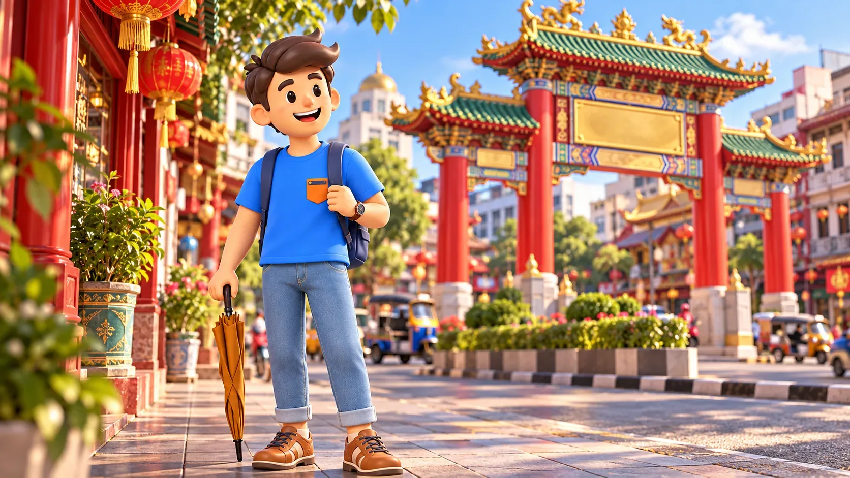 Reisender mit Schirm an einem roten chinesischen Tor