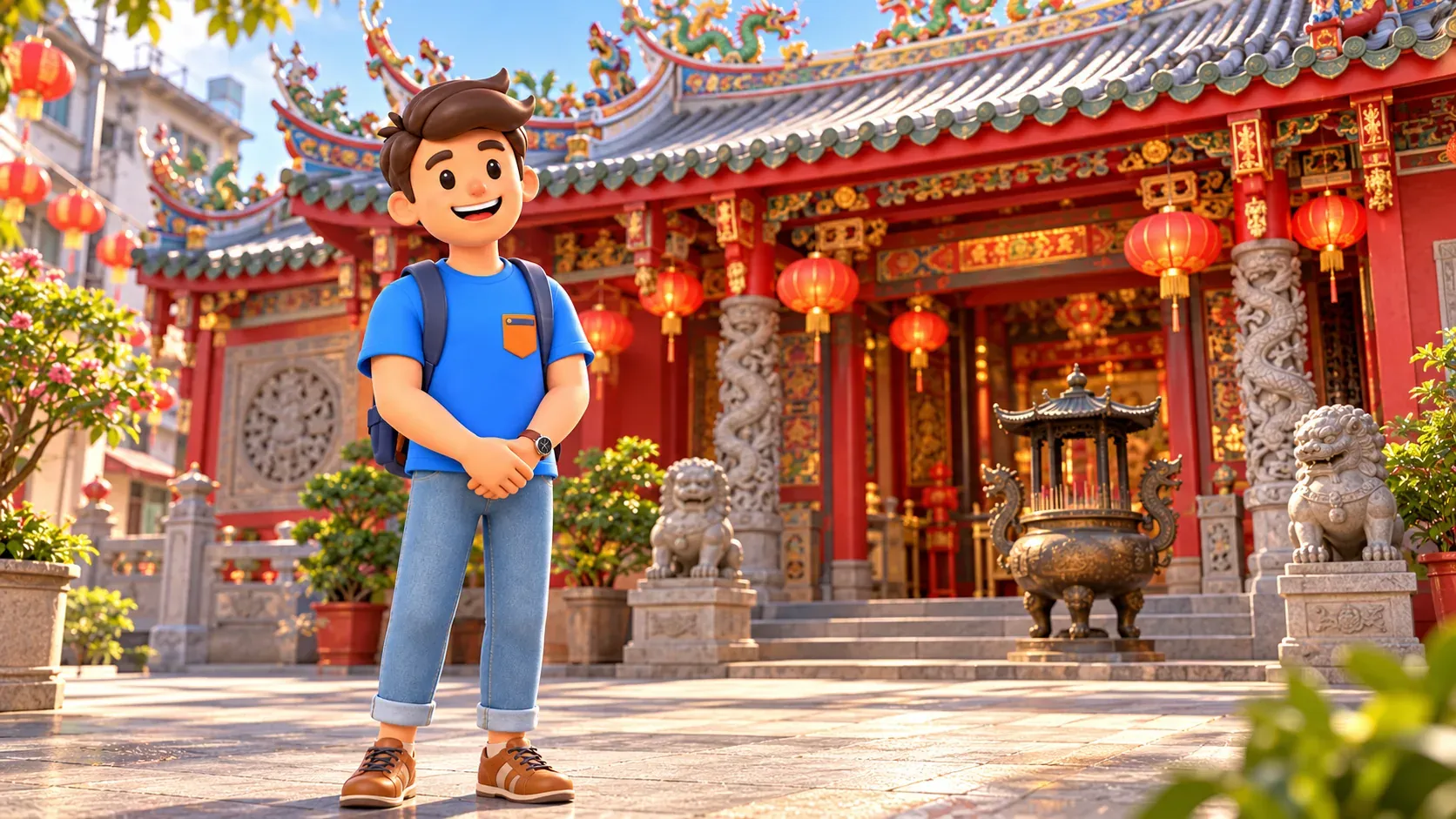 Reisender vor einem chinesischen Tempel mit grauem Dach und roten Säulen